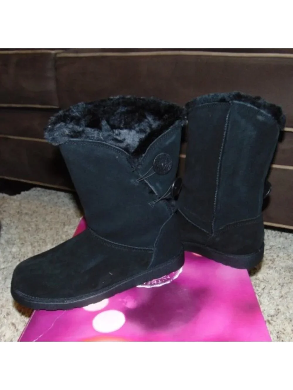 SO Winter Boots 7.5 Womens Black Mid Calf Pull On Plush Suede Button Fx Fur Trim